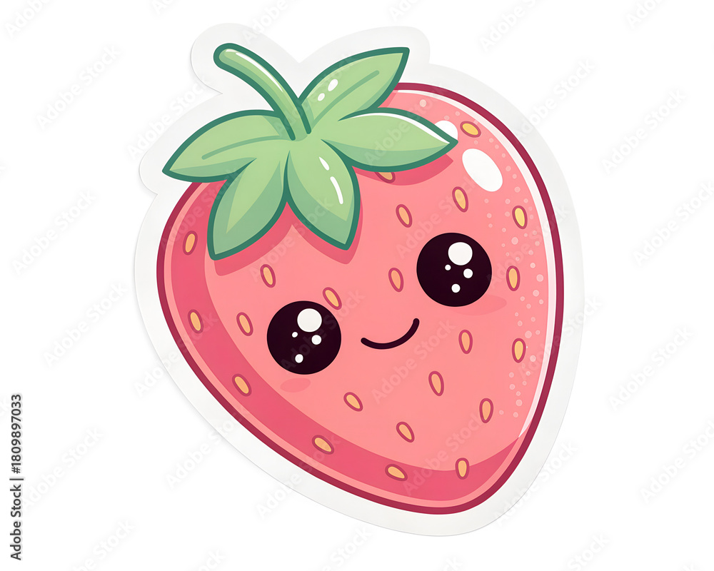 Obraz premium Cute strawberry character sticker, tiny smiling face, pastel colors, glossy finish, thick white border, transparent PNG background