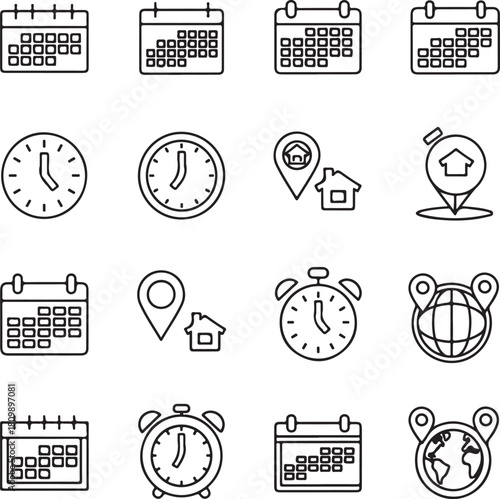 Collection of scheduling time and location themed icons in outline style
