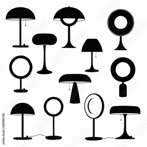 Collection of various lamp designs in silhouette style, modern and stylish lighting fixtures.