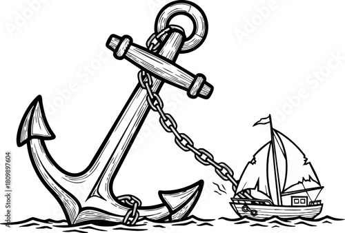 Vintage anchor and sailboat illustration on black background