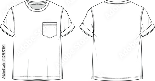 White men's t-shirt vector illustration, technical fashion flat sketch, front and back views, chest pocket, rolled up sleeves, crew neck, apparel design template, clothing mockup