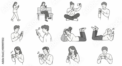 Set of diverse people using smartphones for various activities.