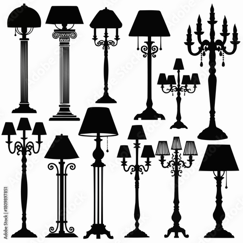 Collection of elegant floor lamps and candelabra silhouettes.