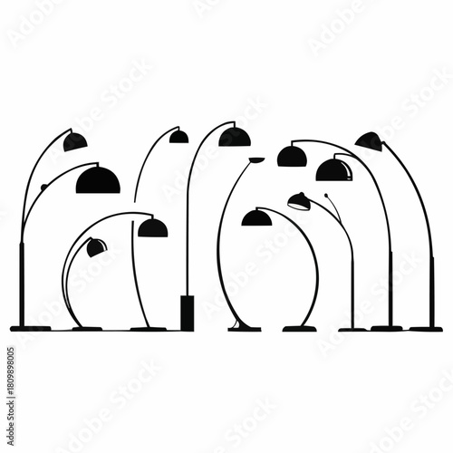 A collection of various modern arc floor lamp silhouettes.