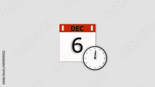 December 6 date animation. Calendar and clock icon animation, on white background. Stunning 4k animation.