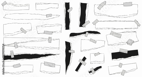 Hand drawn sketch collection of ripped paper strips and notes.
