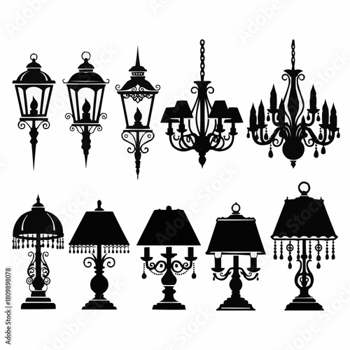 Elegant collection of various lamps and chandeliers in silhouette style.