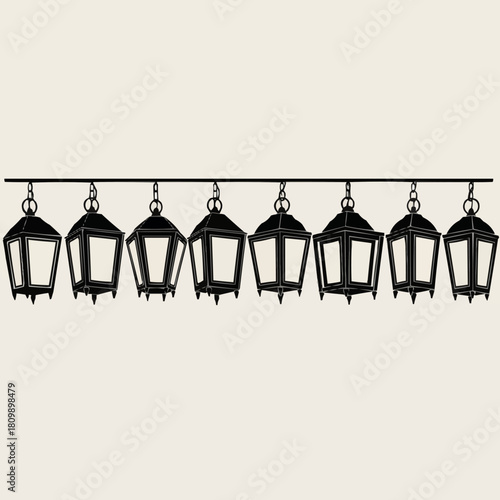 A row of eight vintage black metal lanterns hanging from a horizontal bar.