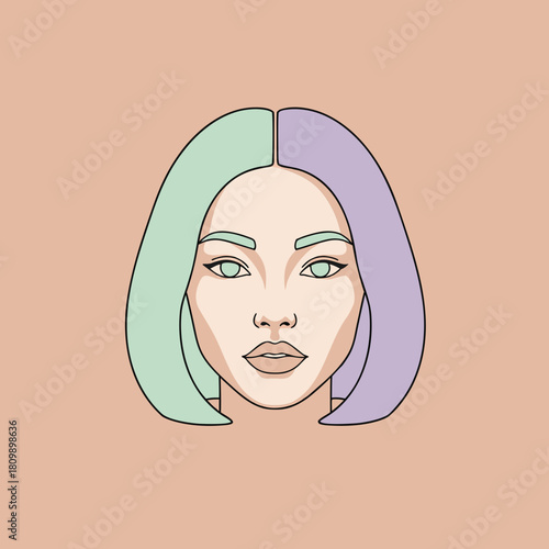 Stylized illustration of a woman's head with split pastel colored bob hair and light eyes on a peach background.
