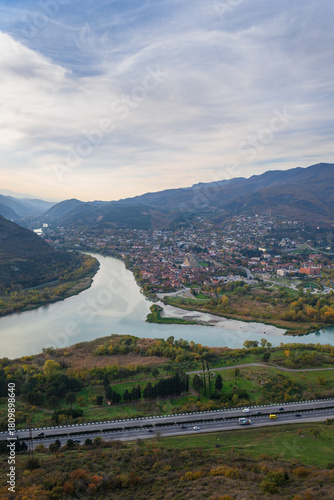 Panoramic view of the Aragvi and Kura rivers confluence and Mtskheta city seen from Jvari monastery