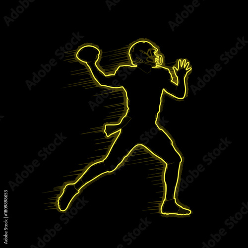 Neon yellow outline of an American football player throwing a ball with speed lines on a black background.