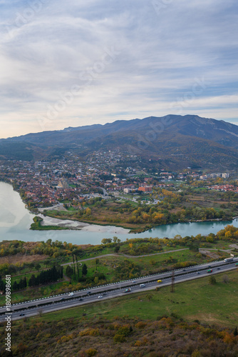 Panoramic view of the Aragvi and Kura rivers confluence and Mtskheta city seen from Jvari monastery