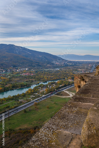 Panoramic view of the Aragvi and Kura rivers confluence and Mtskheta city seen from Jvari monastery