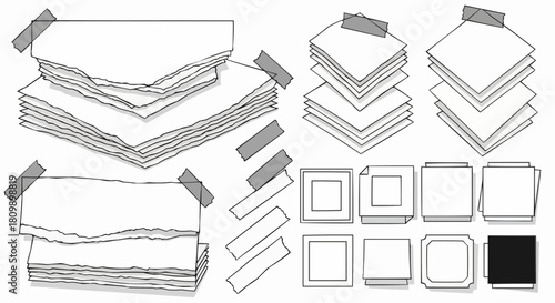 Hand drawn sketch of various paper stacks and photo frames.