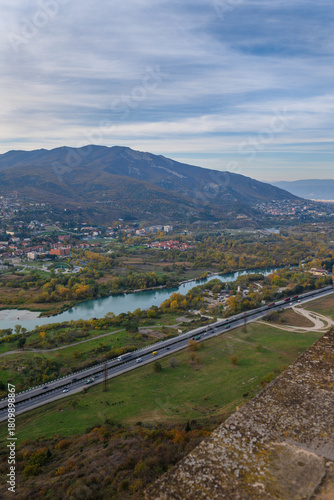 Panoramic view of the Aragvi and Kura rivers confluence and Mtskheta city seen from Jvari monastery