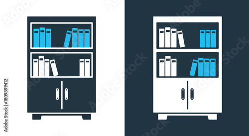 Two bookcases with books and drawers - Vector icon symbol for website - Icon vector - Blue icon vector - Line and glyph solid icon and logo template