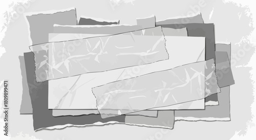 Pile of papers with transparent tape, a study in grayscale.
