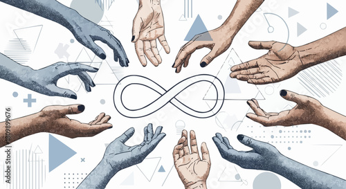 Hands reaching towards infinity symbol representing connection and unity.