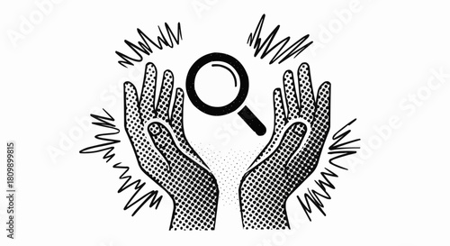 Hands Holding Magnifying Glass Symbolizing Discovery and Insight.