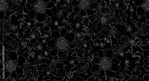 Elegant dark botanical pattern with faint flower sketches.