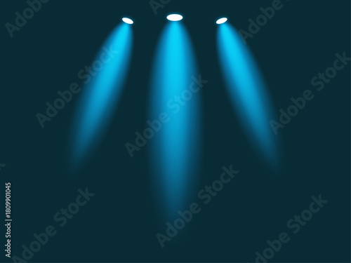 Realistic spotlight beam with glowing blue dust particles on transparent png background and reflection on the floor for stage, studio, or theater light effects.vector