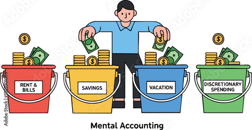 Man allocates money to various budget categories buckets