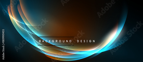 Abstract flowing lines create dynamic, colorful background. Bright blue, orange hues blend into dark space. Modern design element.