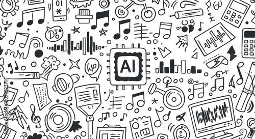 Creative vector pattern featuring music and technology elements, including AI concepts, ideal for digital design and branding projects