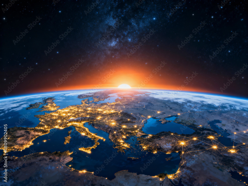 Fototapeta premium Europe at Night with Sunrise From Space