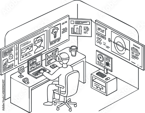 Outline vector illustration of a modern workspace featuring a person using a virtual reality headset with multiple screens displaying data and analytics