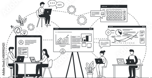 Minimalist black and white vector illustration of a collaborative workspace featuring multiple professionals using laptops and presenting data for business projects.