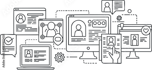 Minimalist line art vector illustration of digital communication concepts including user profiles, feedback, and online interactions for web design and technology projects
