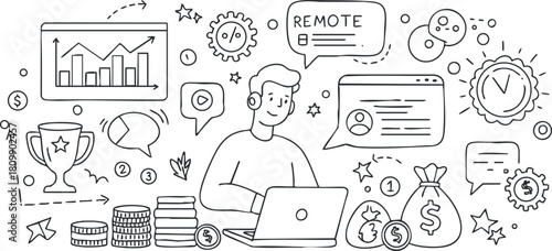 Outline vector illustration depicting remote work and finance concepts, featuring a person with a laptop, charts, and money symbols.