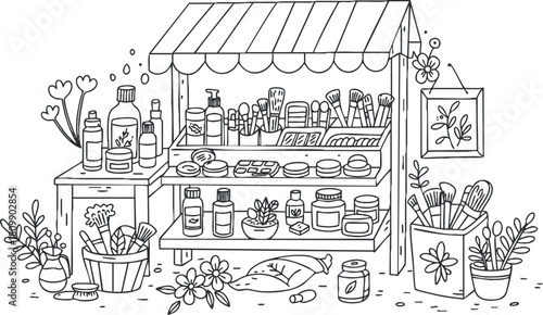 Hand-drawn line art illustration of a skincare market stall showcasing various beauty products and plants