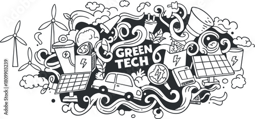 Creative black and white vector illustration showcasing green technology elements including wind turbines, electric vehicles, and solar panels for eco-friendly design projects