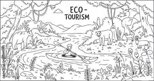 Line art illustration depicting eco-tourism featuring a person kayaking in a river surrounded by diverse wildlife and lush greenery