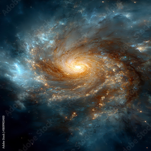 Spiral galaxy with bright glowing core surrounded by swirling clouds of dust and stars in deep space, showcasing cosmic beauty and vastness of universe