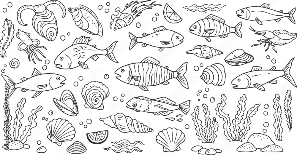 Obraz premium Hand-drawn vector illustration featuring a variety of fish, shells, and marine life, ideal for ocean-themed designs and coloring pages