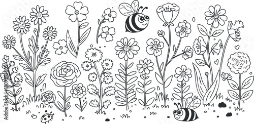 Whimsical black and white vector illustration featuring a variety of flowers and bees, perfect for nature-themed designs.