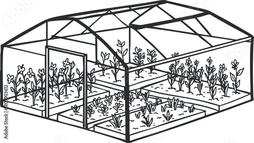 Detailed line art illustration of a greenhouse showcasing various plants and flowers for gardening and cultivation.