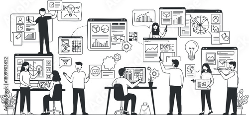 Monochrome vector illustration depicting a collaborative workspace with a team analyzing data and presenting ideas for digital projects