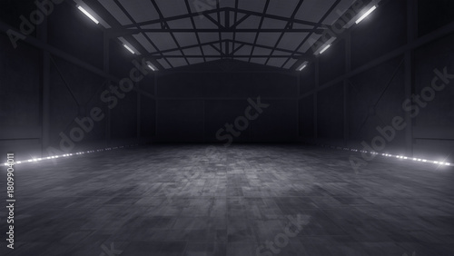Full shot of a dark and mysterious, virtual TV show background, ideal for tv shows, documentaries or live events. 3D rendering backdrop suitable on VR tracking system stage sets, with green screen