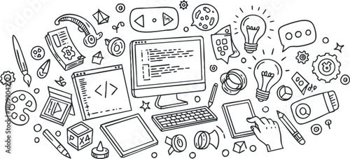 Hand-drawn vector illustration of technology and coding elements, perfect for digital design and creative projects.