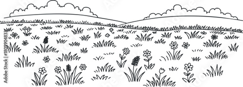 Black and white vector illustration of a scenic landscape featuring a grassy field with flowers and clouds.