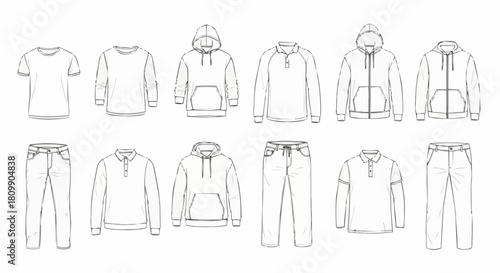 Collection of Apparel Fashion Line Drawings for Mens Casual Wear.