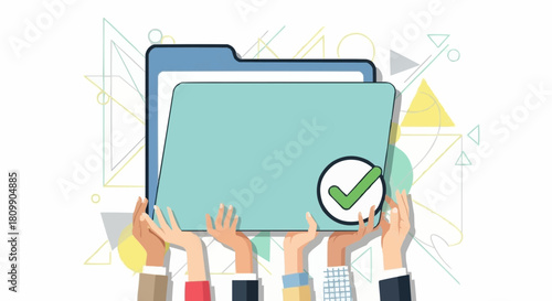 Diverse hands holding a shared folder with an approval checkmark icon.