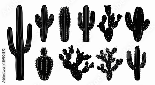 Collection of Diverse Cactus Silhouettes in Black and White.