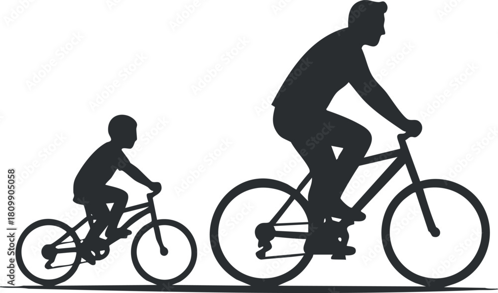 Obraz premium Silhouette vector illustration of a parent and child cycling together, representing family bonding and outdoor activity