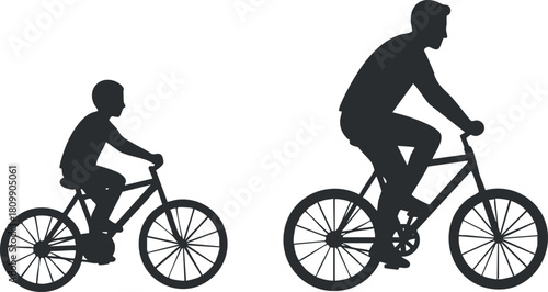 Silhouette vector illustration of a child and an adult riding bicycles, representing family cycling and outdoor activities
