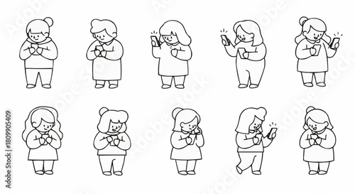 Line Art of Women Engrossed in Smartphones.